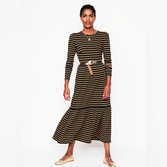 Boden Dresses & Skirts - Boden Emma Long Sleeve Black & Camel Stripe Jersey Midi Dress 12 Cotton Blend